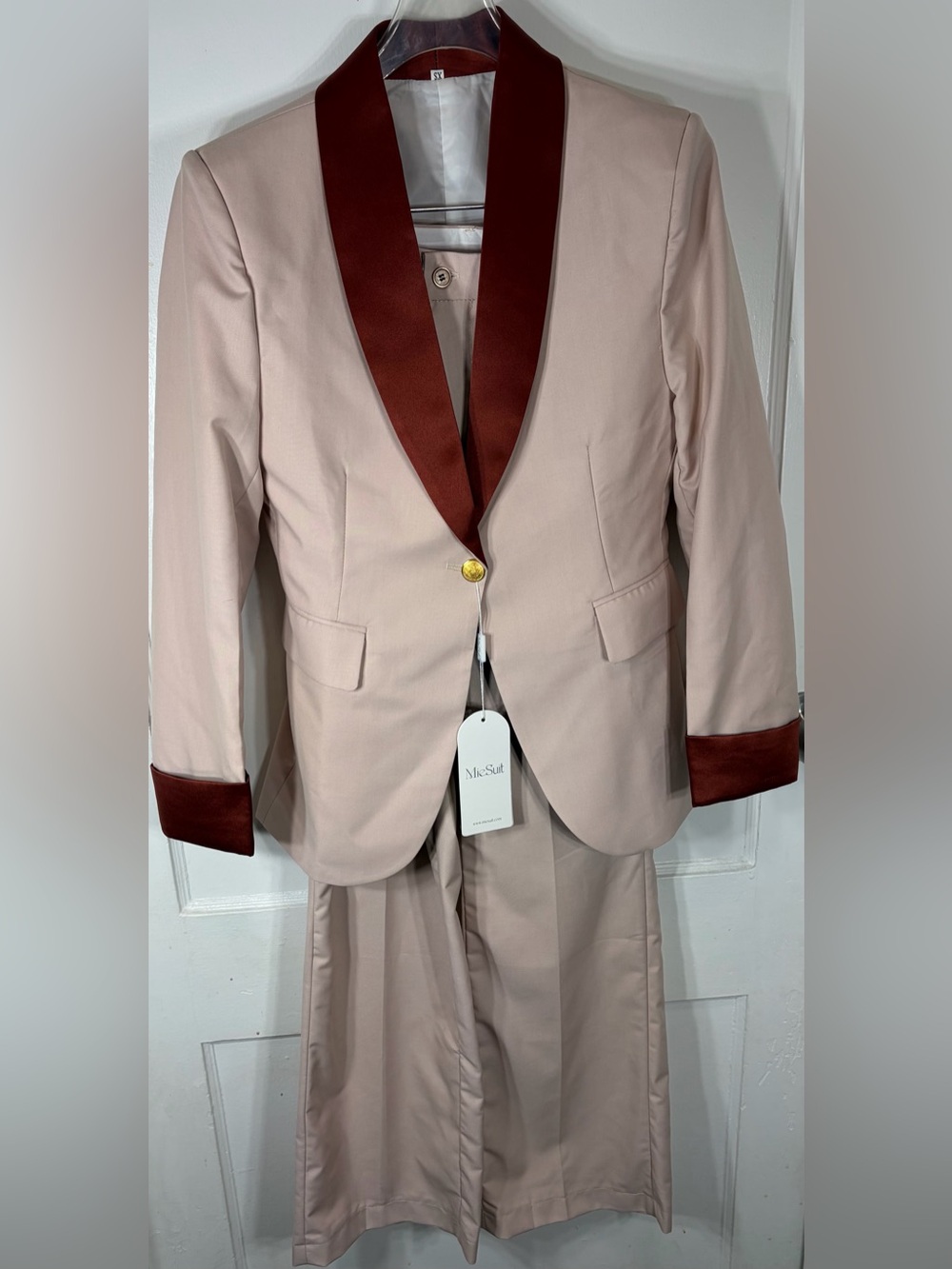MieSuit Blush Pink Burgundy Colorblock Tuxedo Suit Set Shawl Lapel XS NWT New‎